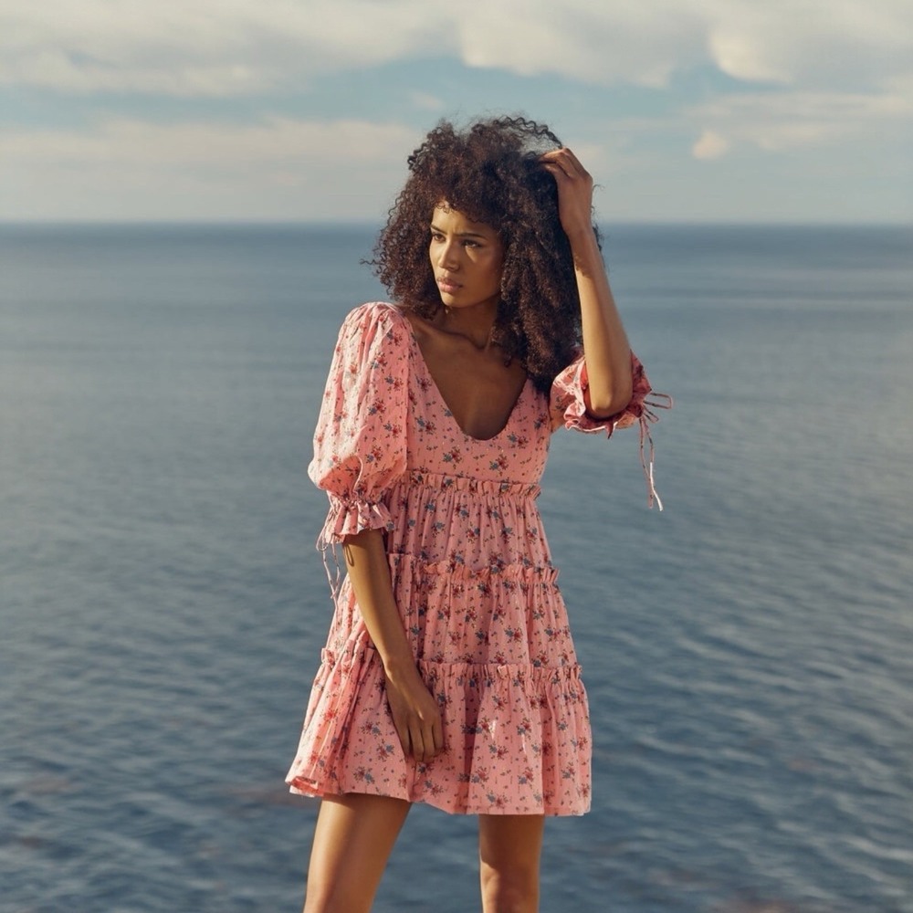 NWT Eddy Julia Puff Sleeve Pink Mini Babydoll Dress Floral Coquette Girl XS $318 - Picture 2 of 9